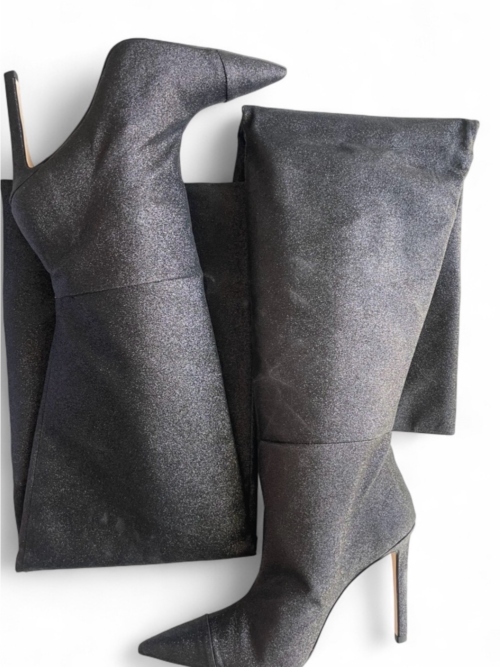 Good American Metallic Black Over-The-Knee Pointed-Toe Stiletto Boots